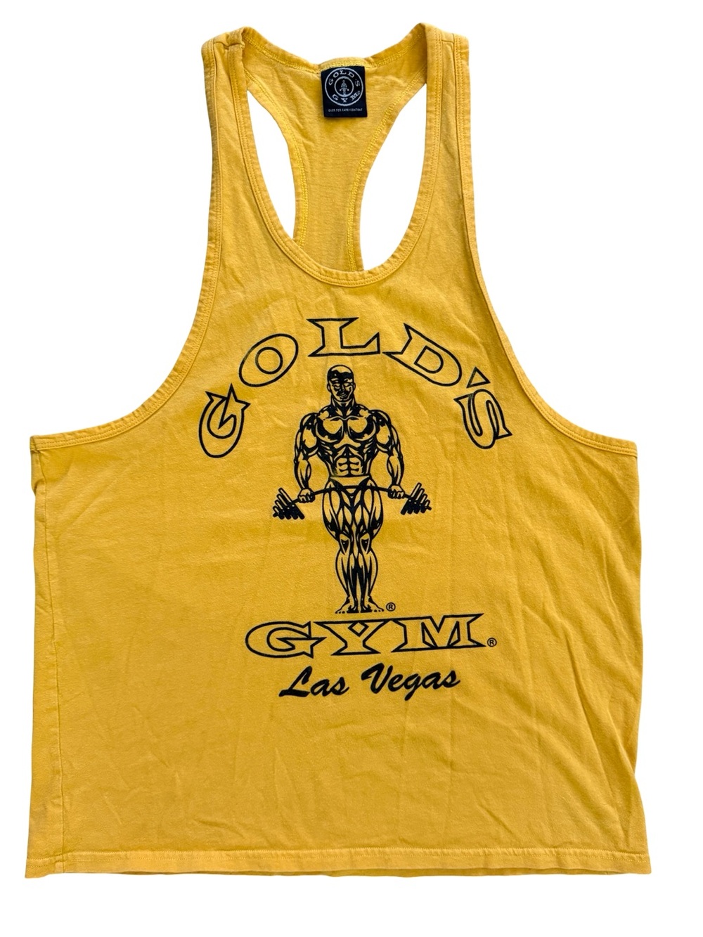 Vintage Gold’s Gym Las Vegas yellow stringer tank USA bodybuilding gym tee L
